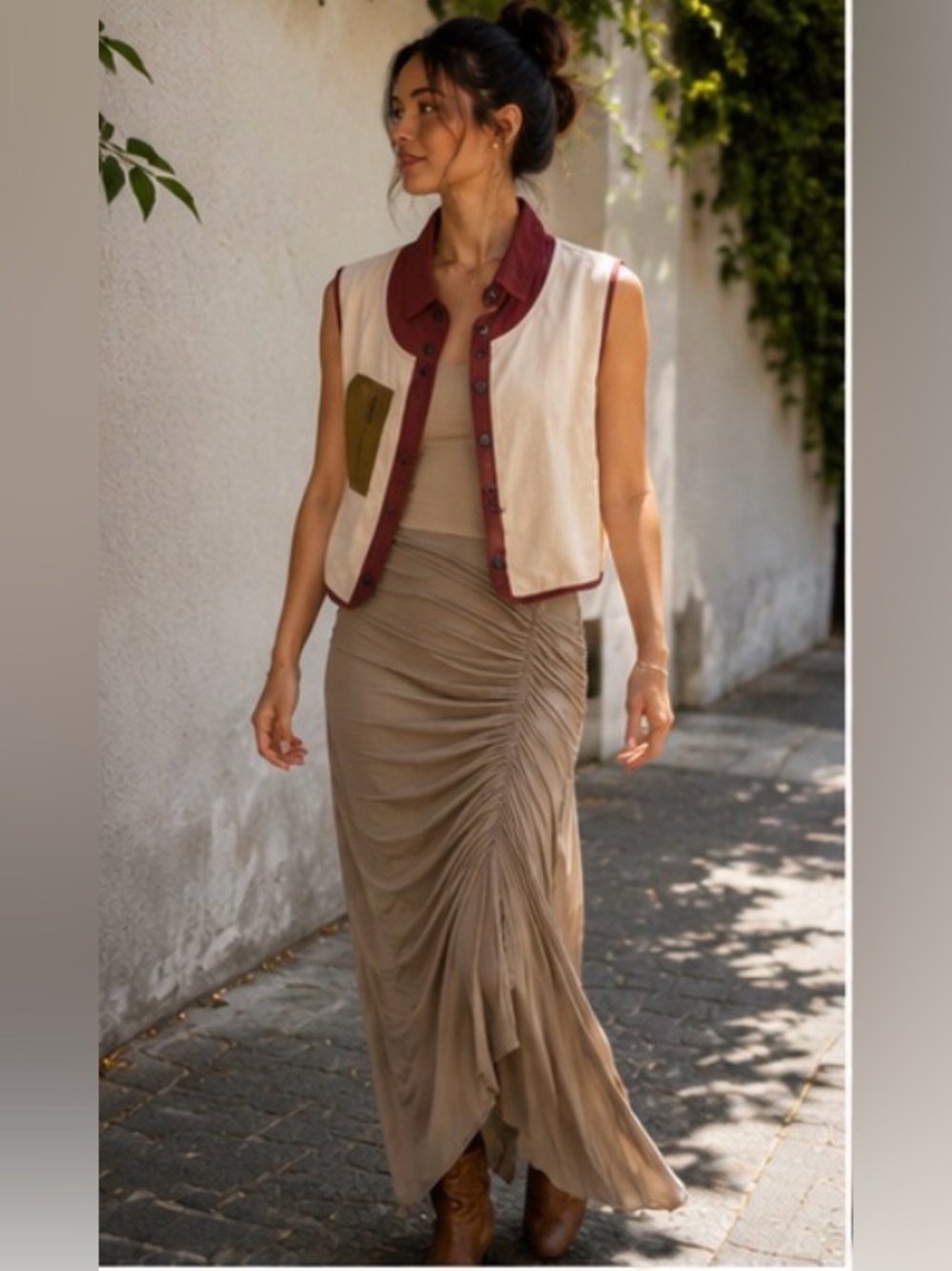 FP Movement by Free People Cream Vest with Burgundy Trim and Olive Patch - Picture 3 of 12